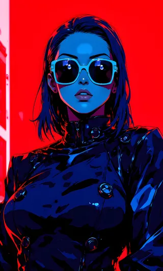 A striking portrait of a confident futuristic woman with blue skin, wearing large white-framed retro sunglasses and a shiny metallic jacket against a vivid red background.
