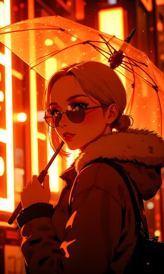 Blonde woman wearing round sunglasses and a fur-lined jacket holds a transparent umbrella illuminated by warm, intense orange neon lights in an urban setting at night.