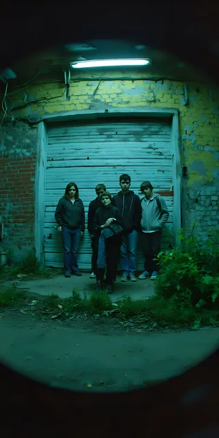 A group of teenagers standing in front of a weathered post-soviet garage door under dim, moody cinematic lighting with a fisheye lens effect.