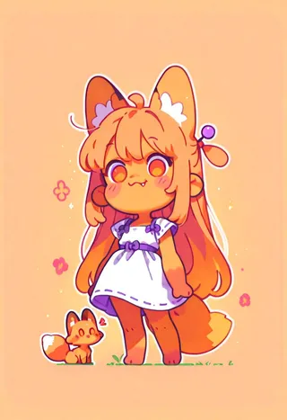 Chibi-style female fox character with long orange hair, orange eyes, wearing a white dress with purple ribbon, showing a nervous smile with a fang, standing next to a smaller fox on a light orange background.