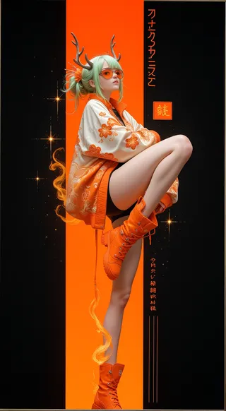 A female character with green hair and dragon horns wears an orange and white floral embroidered jacket, orange boots, and orange tinted sunglasses, standing against a split orange and black background with Japanese text.