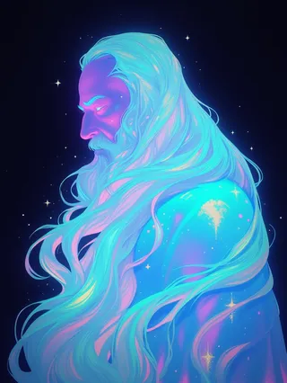 Silhouette profile of an iridescent wizard with a long flowing white beard and glowing celestial light around him.