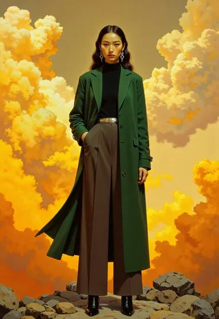 Stylized oil painting of a confident Asian woman wearing an emerald green blazer standing amidst voluminous yellow clouds in a surreal landscape.