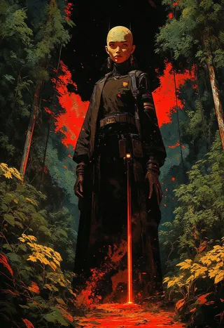 A dark, digital art depiction of a mysterious cultist nun standing in a dense jungle, illuminated by a red glowing light that casts dramatic shadows and contrasts with lush green foliage.