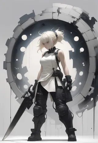 A female warrior holding a large chainsaw weapon, dressed in futuristic black armor and a white tunic, standing in front of a large circular industrial structure, illustrated in Ashley Wood style.