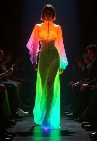 Model walking on a dark runway wearing a glowing neon gradient dress from orange to green with sheer fabric and dramatic dim lighting.