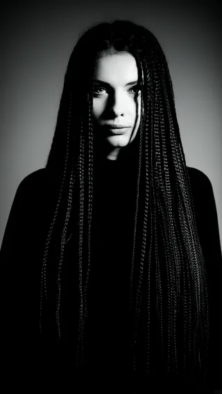 Black and white portrait of a woman with long braided hair, lit with dramatic volumetric lighting, showcasing ultra-detailed facial features and sharp focus.