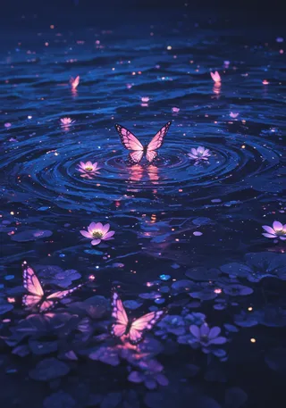 A dreamlike scene of pink butterflies and water lilies floating on rippling water under moonlight with colorful lighting and impasto oil painting texture.