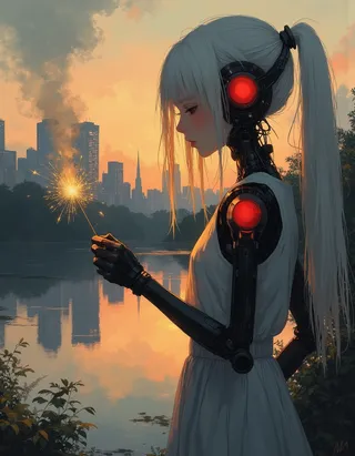Side profile of a young robot girl with glowing red mechanical shoulders and arms holding a sparkler by a serene lake with a cyberpunk city skyline at sunset.