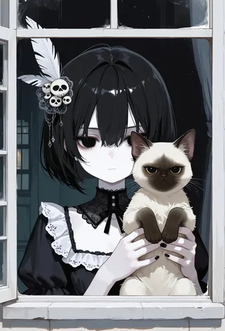 Goth girl with black bob cut and feather skull hair ornament holding a grumpy Siamese cat, seen through a window, wearing a lace-trimmed frilled dress.