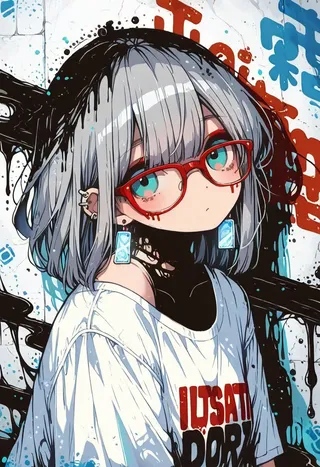 Anime style girl with grey hair and aqua eyes wearing red-framed glasses, a white shirt, and multiple ear piercings, illustrated in detailed ink art style.