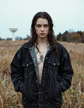 A fair-skinned person with wet dark hair wearing an oversized black denim jacket, revealing a rose tattoo on their chest, standing in a field of tall dry grass with a water tower in the background under a pale dusk sky.
