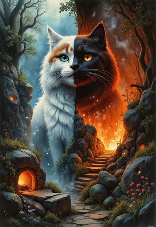 A cinematic close-up of a goddess cat split into two halves: left side with white smoke and fog, right side with lava fire and ashes, set in a dark forest with stone stairs and glowing embers.