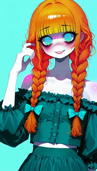 Digital illustration of an anime girl with bright orange double braids, vivid teal off-shoulder crop top with puff sleeves and bows, set against a simple teal background.