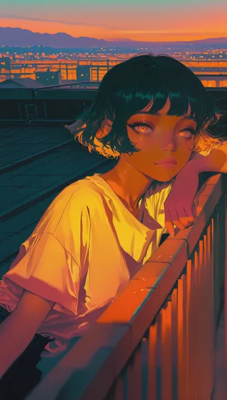 A girl with short black hair and a loose white shirt leaning on a rooftop railing at sunset, bathed in warm orange and pink light with a golden hue.