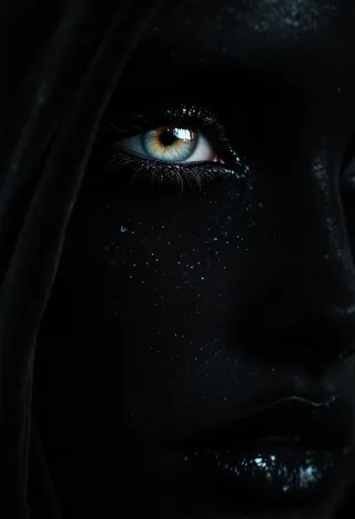 Close-up macro image of a woman's face covered in vantablack velvet texture with a striking blue eye and glitter details.