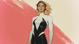 Spider-Gwen in a comic-style dramatic poster with elegant shading and a red and beige split color background.