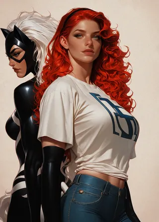 Realistic digital artwork of Mary Jane Watson with vibrant red hair in a white t-shirt and jeans standing back-to-back with Felicia Black Cat in her black superhero bodysuit and mask.
