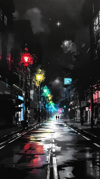 A monochrome city street at night illuminated by colored streetlights displaying a rainbow spectrum, with reflections on the wet pavement and two silhouetted figures in the distance.