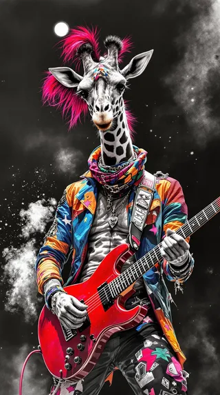 Hyperrealistic monochrome giraffe with vibrant pink mohawk wearing a colorful punk jacket and playing a red electric guitar on a smoky stage.