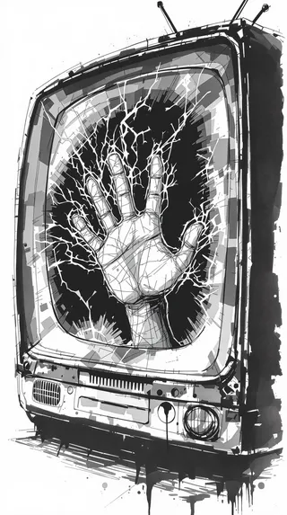 A monochrome hyperrealistic drawing of an old television set with a hand pressed from inside against the cracked screen, illustrated with ink, charcoal, and watercolor effects.