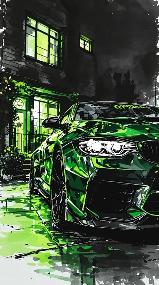 A hyperrealistic green car painted with modern ink and charcoal drawing styles, parked outside a dimly lit apartment building at night with watercolor painting influences.
