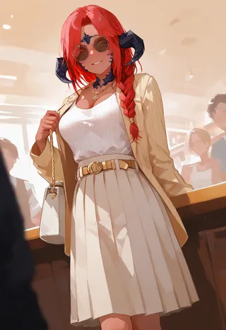 Au Ra female character with red braided hair, black horns, wearing a cream blazer, white tank top, and pleated skirt inside a clothing store.