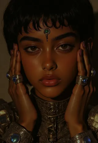 Close-up portrait of a woman with rich tanned skin, short black hair, intense brown eyes, and ornate silver jewelry with blue gemstones adorning her face and hands.