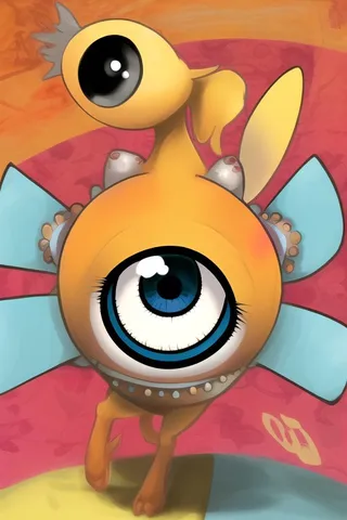 A whimsical cartoon fantasy creature with a large blue eye on its body and a smaller big eye on its head set against a colorful background.