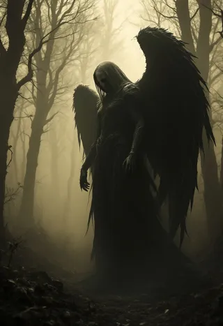 Silhouetted Angel of Death standing in a dark, gloomy forest with sepia tone, eerie mystical lighting, and dramatic shadows.