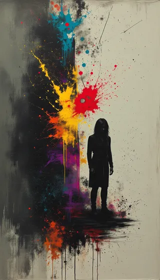Silhouette of a woman standing against a light background with vivid fractal-style splashes of yellow, red, blue, purple, and orange paint merging into a dark abstract cityscape.