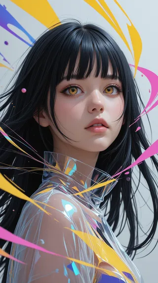 Detailed portrait of a female with black hair and striking yellow eyes wearing translucent clothing, surrounded by colorful abstract brushstrokes and floating ribbons.