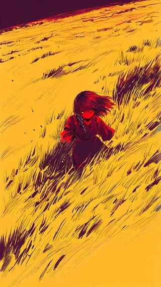 A girl with long copper hair and a pinafore dress walks through dry tall grass under sharp low sunlight, with intense crimson red hues and amber-yellow tones.