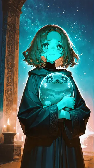 Melina from Elden Ring hugging a shiny, round Pusheen plush under a starry night sky with cinematic and volumetric lighting effects.