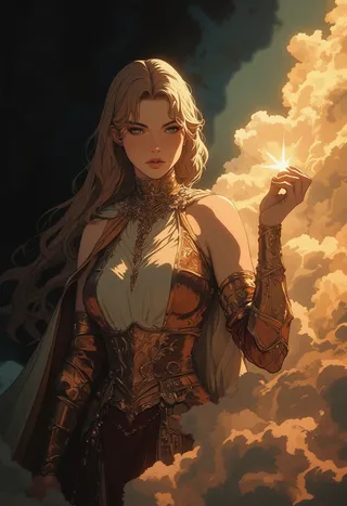 A charismatic female warrior with long blonde hair, wearing ornate golden armor, illuminated by dramatic lighting against a backdrop of glowing golden clouds.