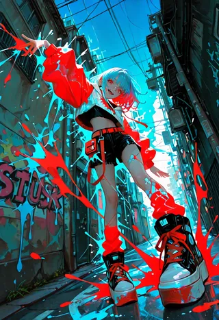 Vibrant street art style illustration of a girl in black short pants, utility crop jacket with splash texture, platform sneakers, standing dynamically in an urban alley with graffiti and gradient sky.