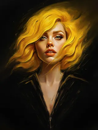 Painting of a woman with flowing yellow hair on a black background, showing an animated and lively facial expression.