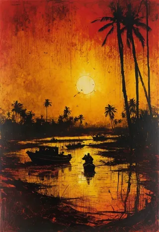 A vivid collagraph of an orange sunset with silhouettes of palm trees and boats on a river, created by William Wray.
