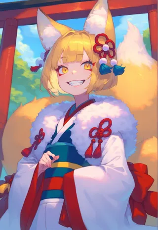 Blonde fox girl with yellow eyes and fox ears wearing a colorful kimono with fur trim, standing in front of a red torii gate, smiling widely.