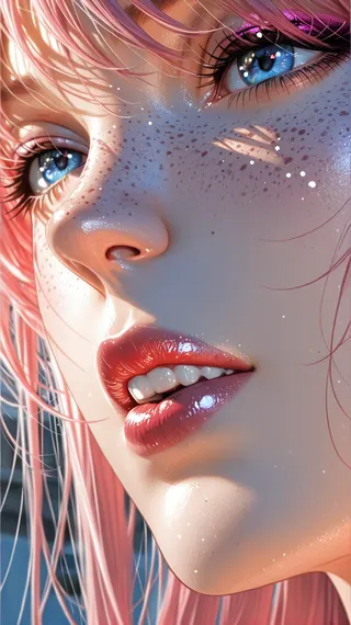 Close-up detailed portrait of a woman with realistic skin texture, pink hair, blue eyes, freckles, and glossy, parted lips.