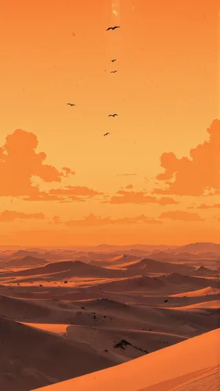A vast Scandinavian desert scene with soft rolling dunes under an orange gradient sunset sky, featuring birds flying high in the sky, viewed from overhead in an anime style.