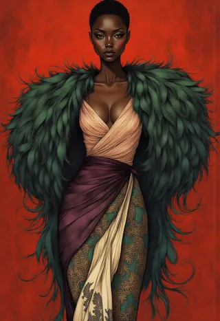 Detailed Art Nouveau style portrait of a dark-skinned African woman wearing an emerald green feathered cape, rose gold off-shoulder top, and patterned wrap skirt against a crimson red background.