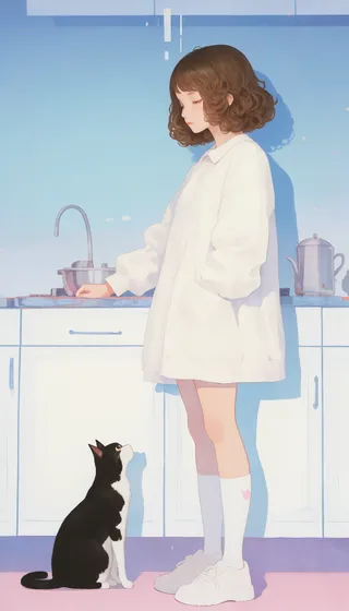 A realistic drawing of a woman with short curly hair standing in a bright kitchen, wearing a white oversized shirt and sneakers, feeding a black and white cat sitting by her feet.