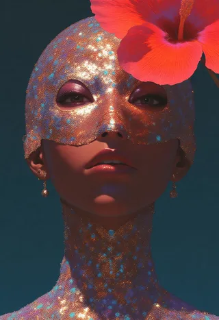 Hyper-realistic close-up of a woman's face wearing a shimmering copper and turquoise avant-garde mask, adorned with a vibrant hibiscus flower, against a deep teal background.
