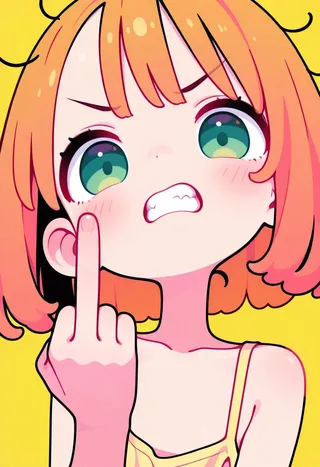 Close-up anime style image of a cute young girl with orange bob cut hair and green eyes, angrily showing her middle finger against a bright yellow background.