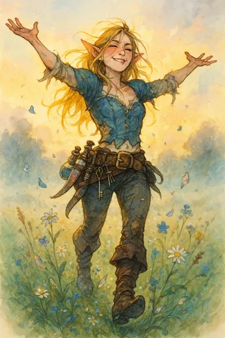 A joyful half-elf woman with golden flaxen hair in a torn blue corset and rugged pants strides through a wildflower-filled meadow, arms wide open in triumph, with alchemical vials and tools on her belt, rendered in expressive watercolor-ink style with soft golden-hour light.