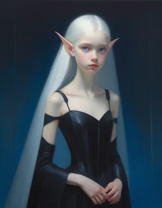 Closeup oil painting portrait of an ethereal teen elf girl with long white hair and bright blue eyes, wearing a black corseted futuristic dress inside a dark space ship, lit with Rembrandt lighting.