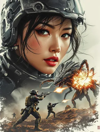 Photorealistic double exposure image showing a closeup portrait of a woman in Earth Defence Force sci-fi armour above a battle between commandos and a giant insectoid monster firing weapons.