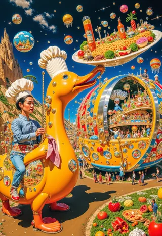Vibrant scene of time-traveling chefs riding enormous yellow mechanical ducks adorned with chef hats, carrying platters of glowing spaghetti, levitating donuts, and living salads under a bright sky with floating decorative orbs.