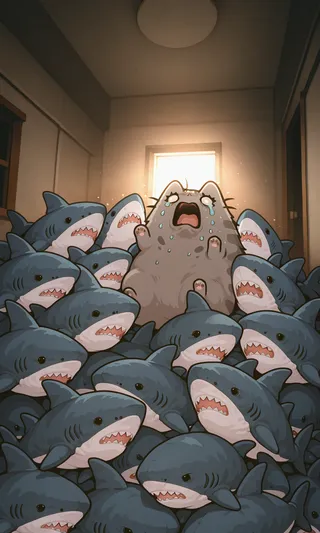 Pusheen cat crying and screaming, surrounded by numerous stuffed sharks under dramatic contrast lighting in a dim room.